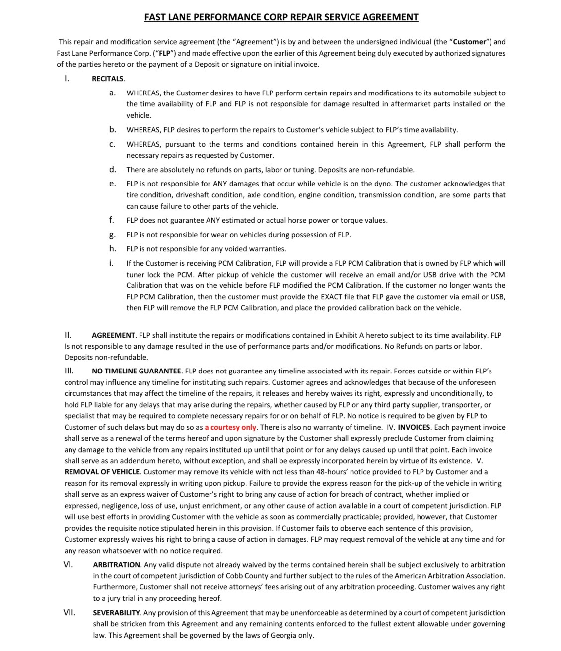 Terms and Conditions Fast Lane Performance